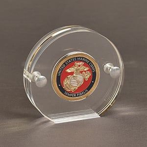 Acrylic Encasement with a challenge coin mounted inside a three part cavity with Chicago bolts.
